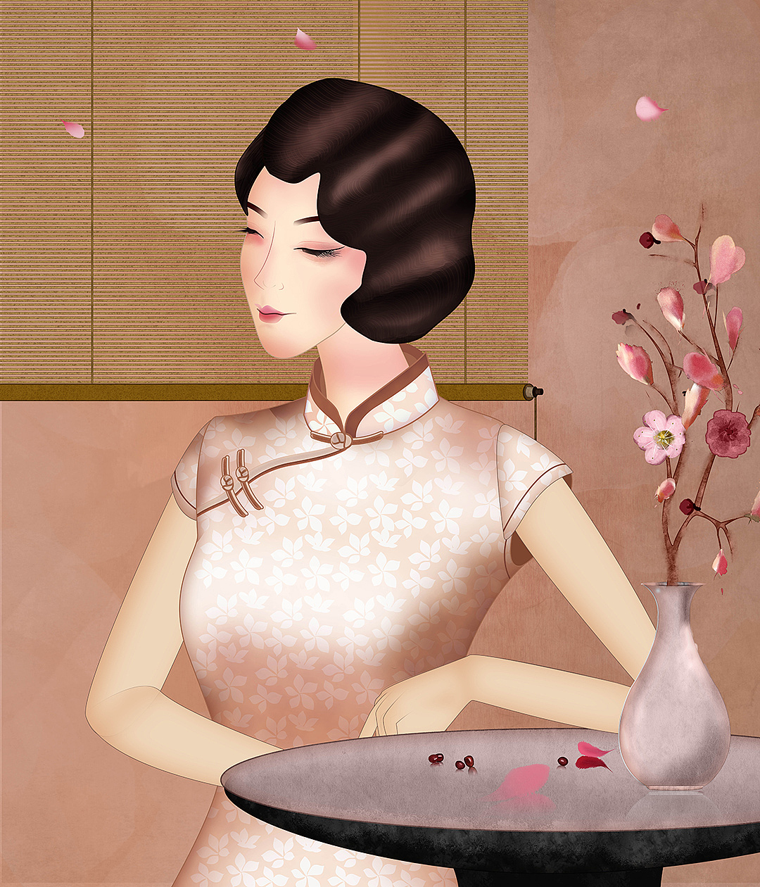 桃花桃枝花瓣飘落燕子《琴棋书画》下棋美人