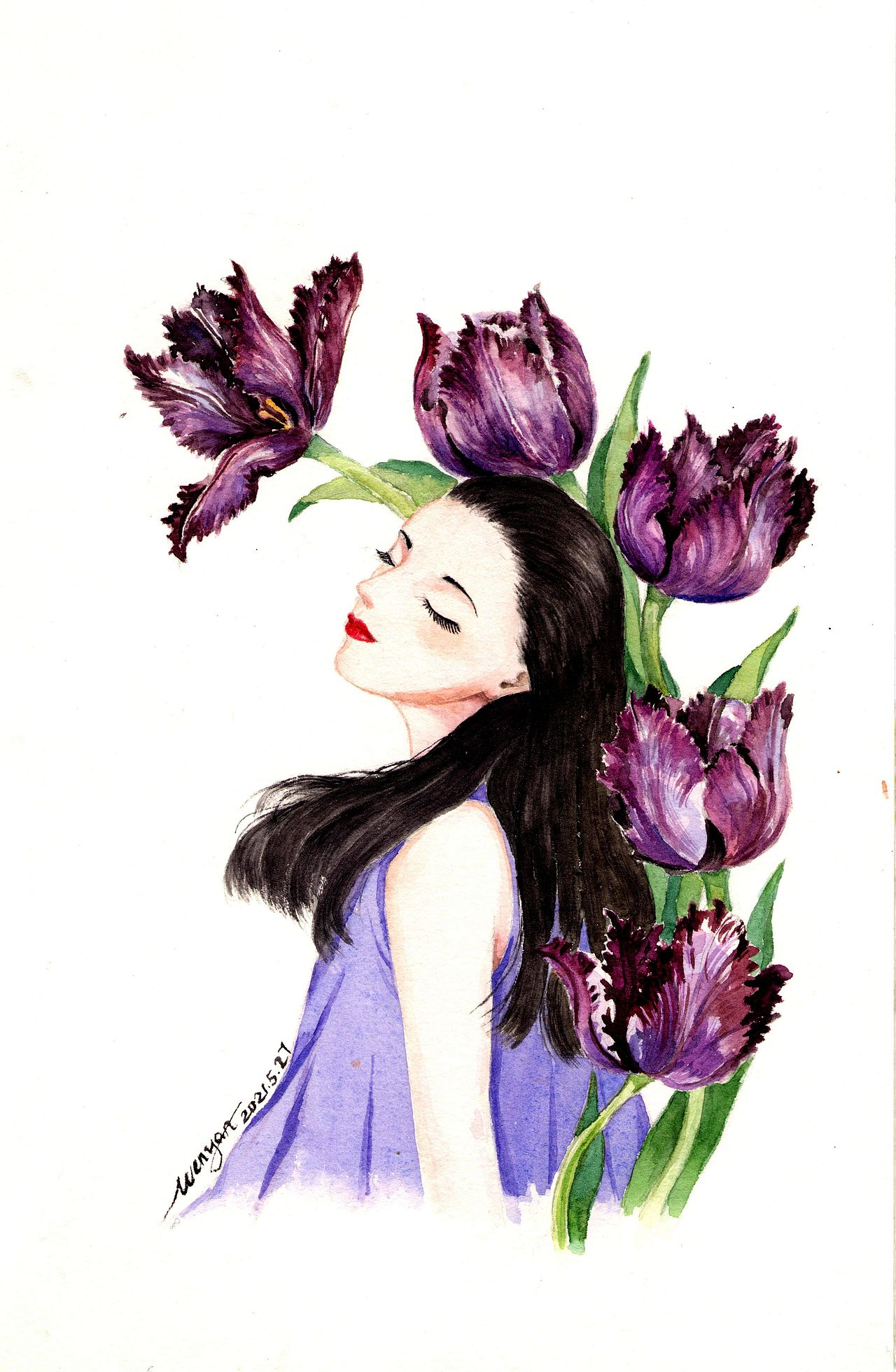 水彩插画（原创手绘）：女孩与花卉（闭眼系列）（图ZMjYwOTgzMDMy） - 艺术插画 - 站酷设计师初夏的时光原创素材 - 站酷ZCOOL