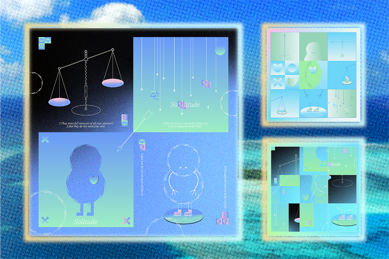 1. 插画设计 / 客户提供主形象
要求用主形象围绕冷漠、不自由、批评和孤独进行设计<br>1. Illustration design / Client provides the main character image<br>The client asked for a design around apathy, unfreedom, criticism and solitude with the main image<br>