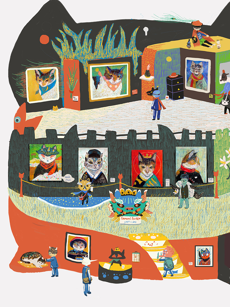 在访问中回答了编辑的问题,为何神态画得传神..
恩,因为我对“蓝色”的情绪很敏感,<br>我本人跟我在日常生活中观察到很多人一样<br>(尤其是在早上的公车上),在这个年纪,<br>可能压力有点大吧,偶尔会散发出抑郁,不满,傲慢,<br>悲伤,丧失...等“色彩”(可能有点过….)<br>但我用这样的配方加入到猫的神情中,<br>不知不觉就会有人对号入座了:)<br>总之,我们要认真观察生活:)<br>