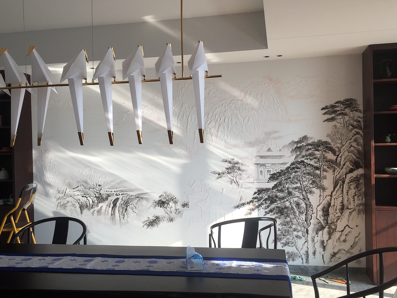 中式山水浅浮雕壁画