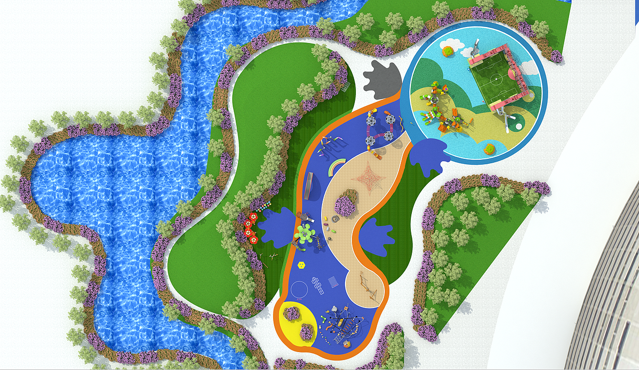 6-15学后青少年区和成年老年健身区
<br>6-15学后青少年区和成年老年健身区的整个场地设计成蝾螈从卵进化成蝾螈成熟个体的形状,寓意着孩子不同年龄阶段的成长,不同年龄阶段的兴趣特点的不一性。这个阶段的孩子对运动烈度的需求比低年龄段的孩子强,需要更多的挑战性。