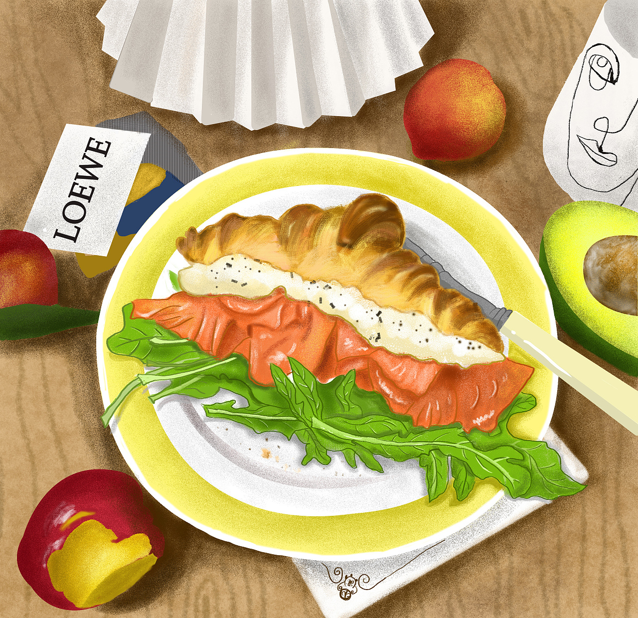 西餐 牛油果培根面包插画