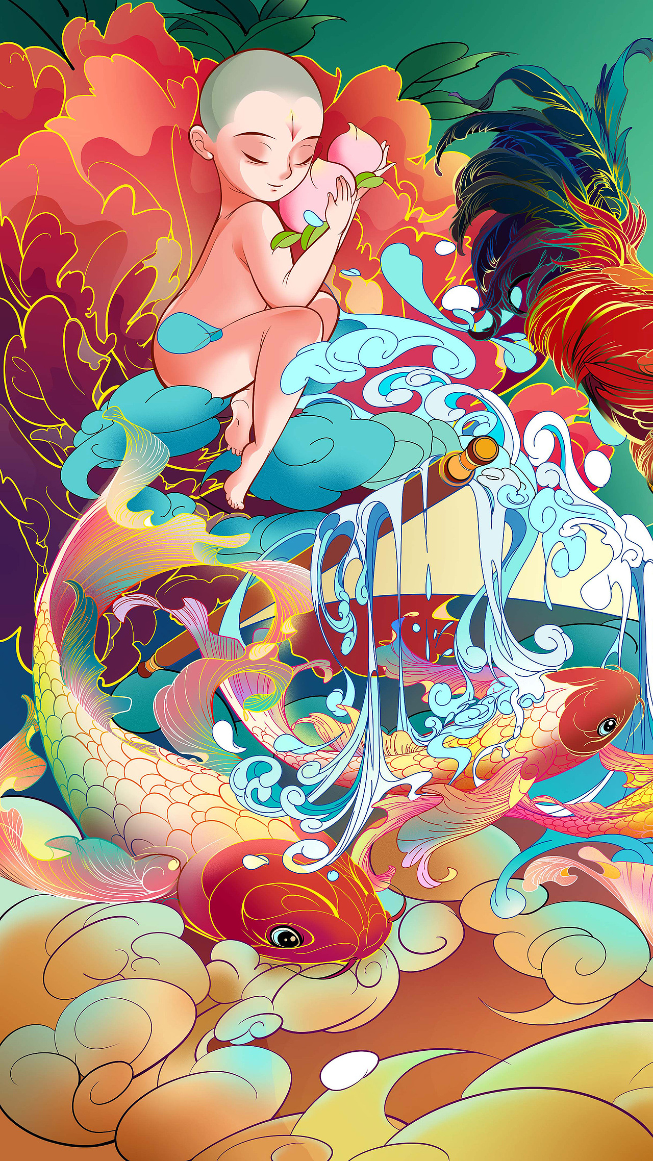 《雄鸡报晓，贺山河永寿》——国庆节主题插画设计（图ZMjczMDA4NDQ0） - 艺术插画 - 站酷设计师鹤年HN原创素材 - 站酷ZCOOL