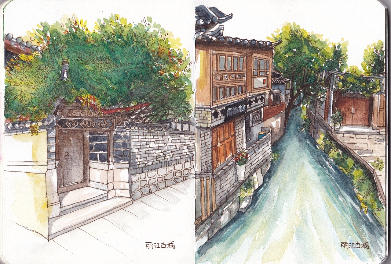 丽江古城绘画作品图片
