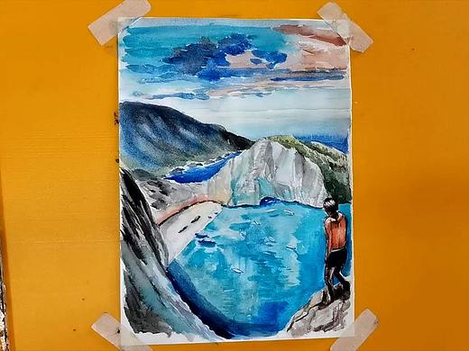 水彩画蓝宝石的海湾小岛-小尤说画