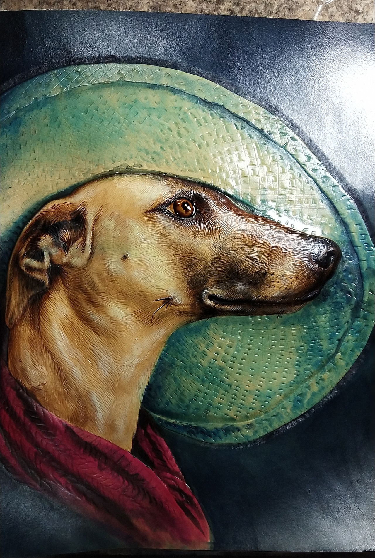 孟璐璐手工皮雕工作室-惠比特犬肖像皮雕