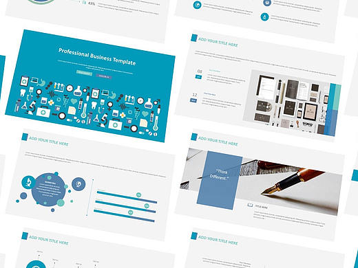 青绿蓝三色扁平风商务静态PPT模版