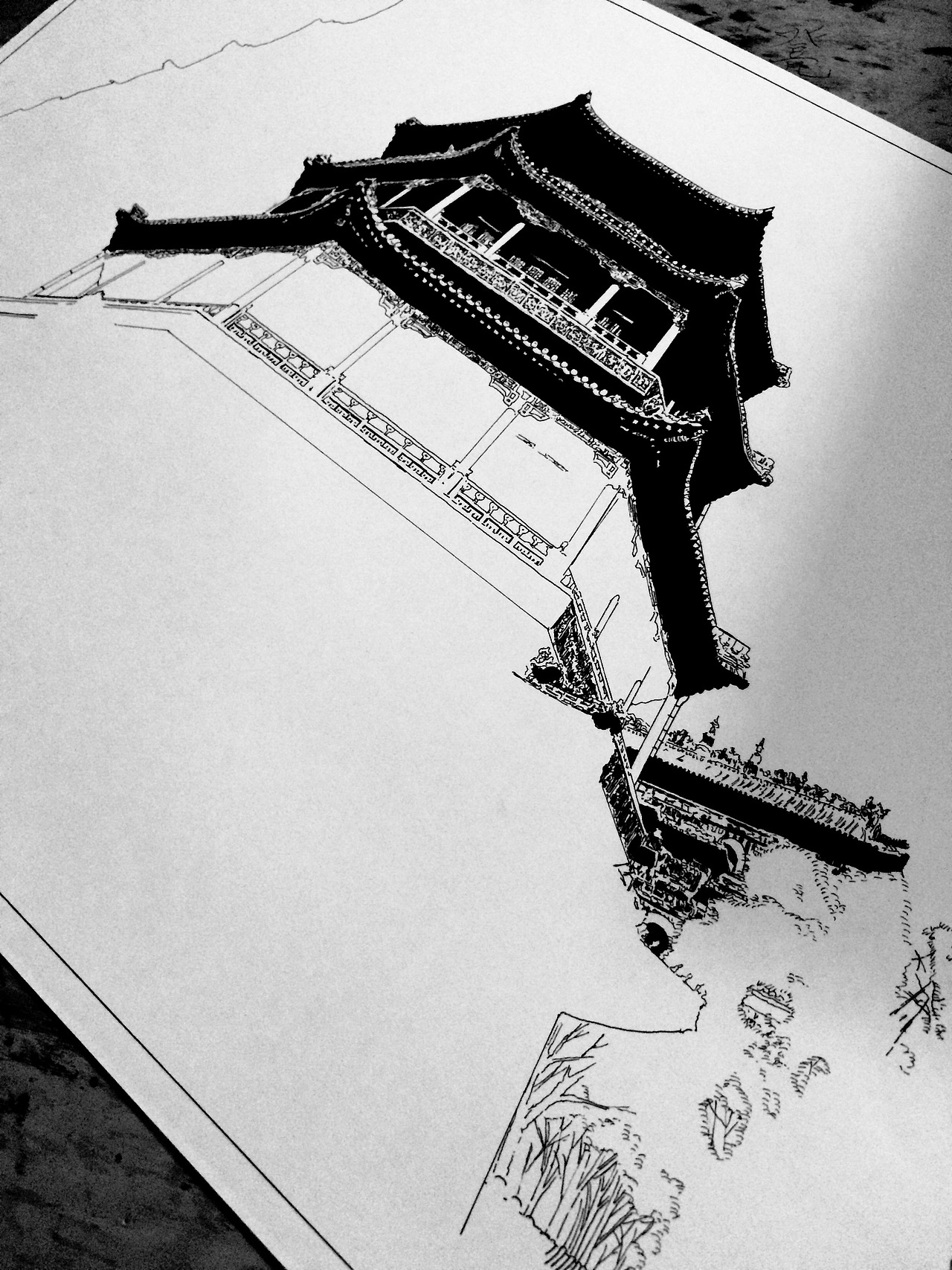 古建筑黑白涂鸦