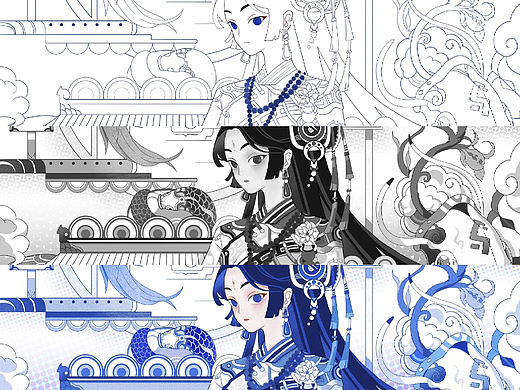 青花瓷单色国潮插画