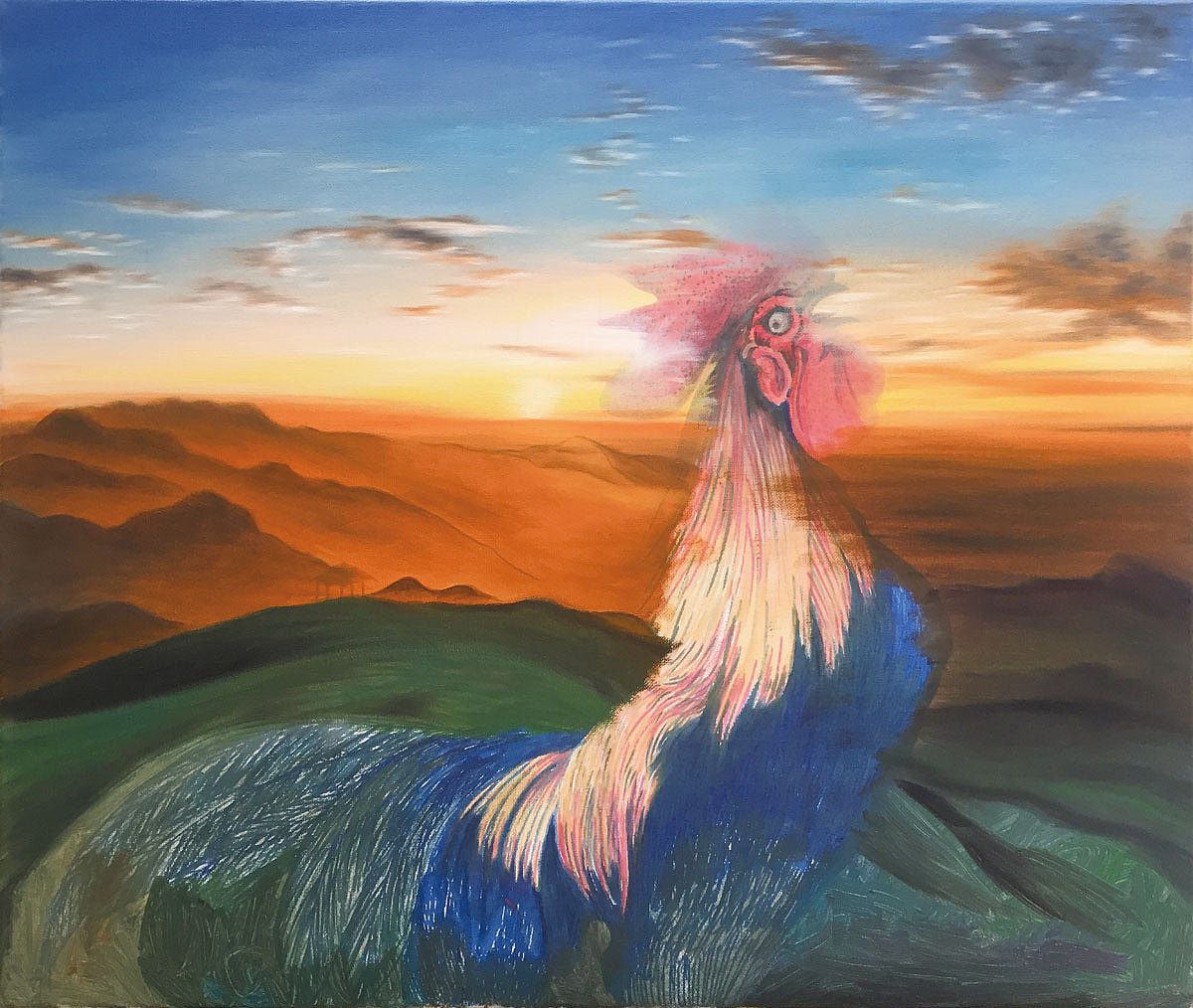 原创油画作品金鸡报晓