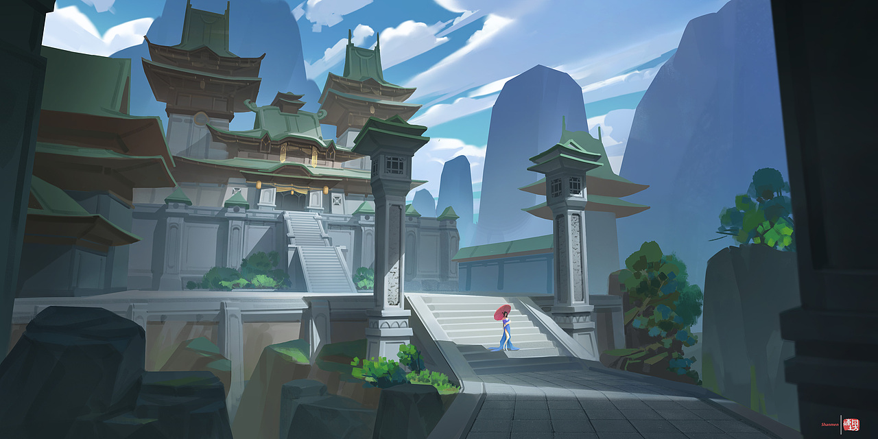 6原创作品插画游戏原画bboy飞翼cg原画建筑13横版场景--腾讯魔方测试