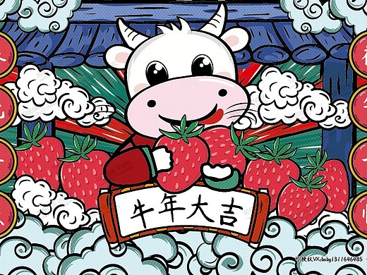 牛年大吉卡通ip牛插画国朝鼠标垫地毯卡片