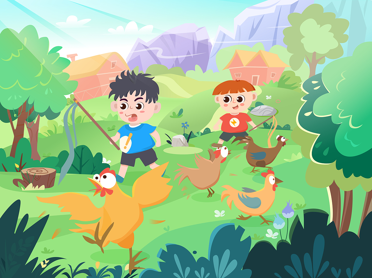 传统图案、儿童插画、大手大脚、小手小脚、场景插画