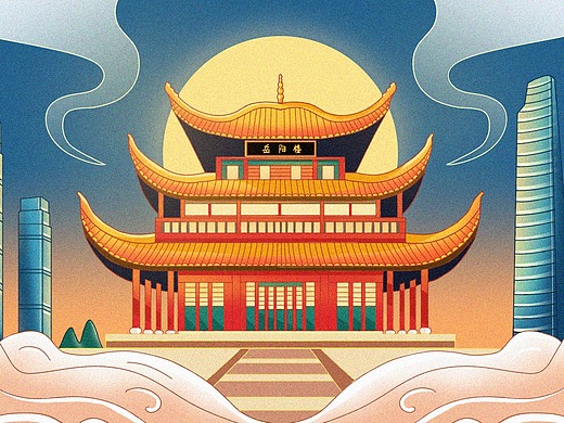 长沙岳阳楼古风国潮插画