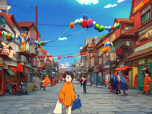 ai创作实验室#小镇街道 人群 热闹 颜色鲜明 石砖路