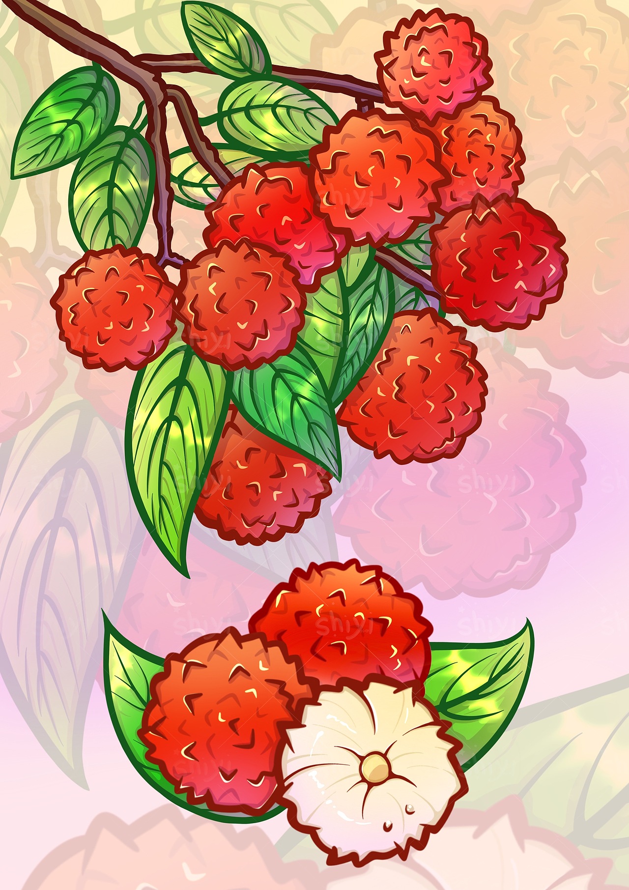 荔枝包装国潮插画