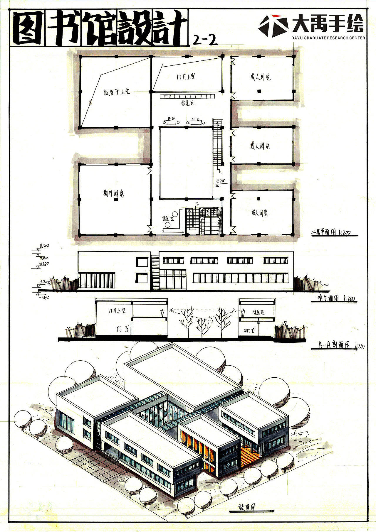 大禹精品建筑【社区图书馆设计】快题方案