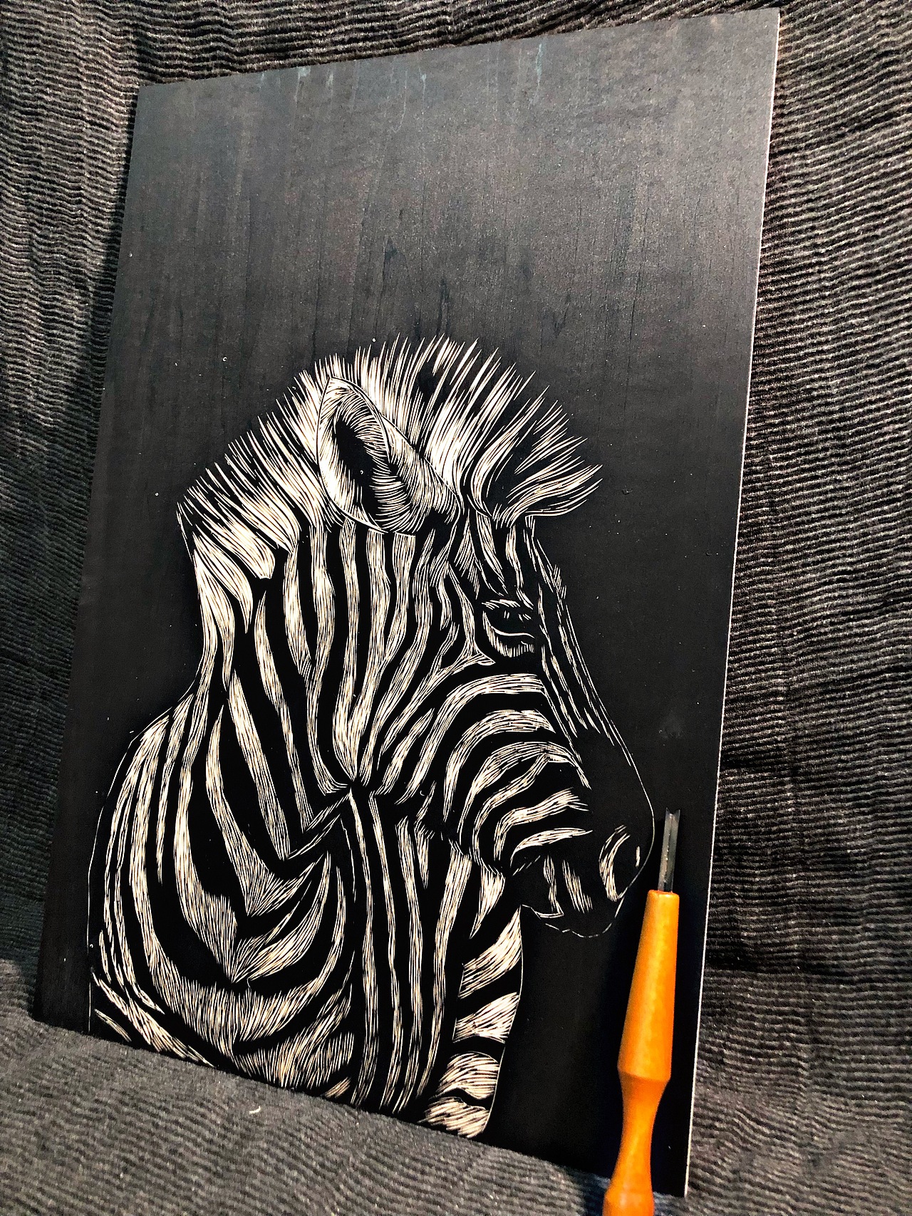 手工雕刻《斑马》黑白木刻版画