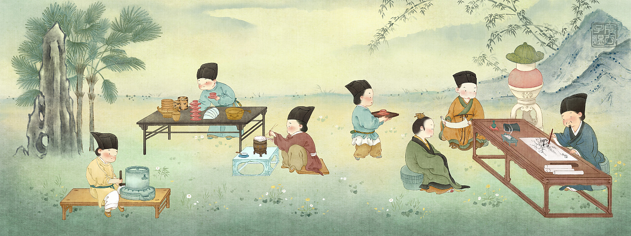 q弹古画派《撵茶图》