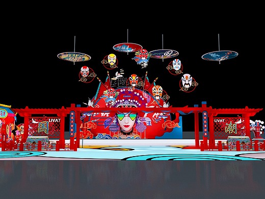 国潮风格商业美陈3d效果图设计 国潮dp打卡拍照点位