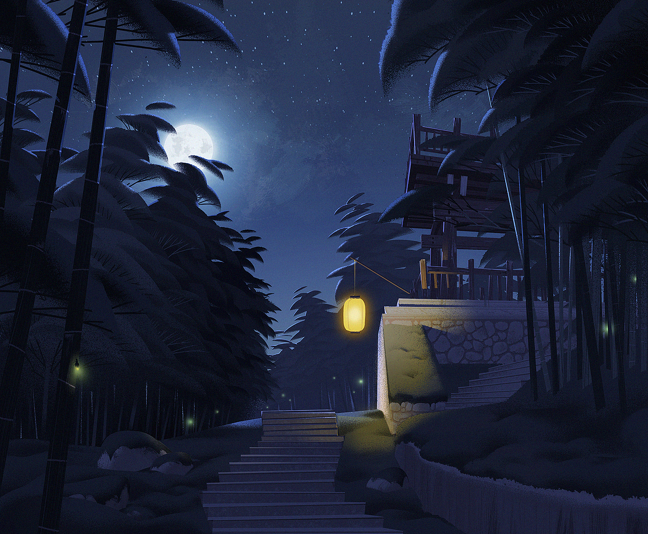 ⬆️
满月夜晚;<br>亮度低的情况下,物体呈现更暗。<br>月亮位于远处、高处,所以前景物体轮廓边沿加一点微弱的逆光。<br>加一盏暖光灯笼,将其近距离周围的光线渲染一下。