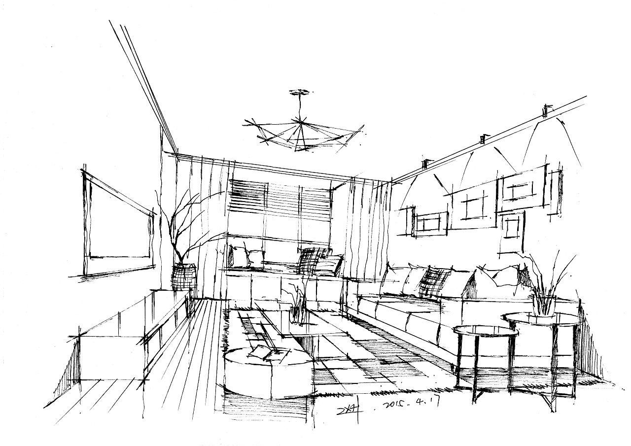 起居室室内线稿步骤