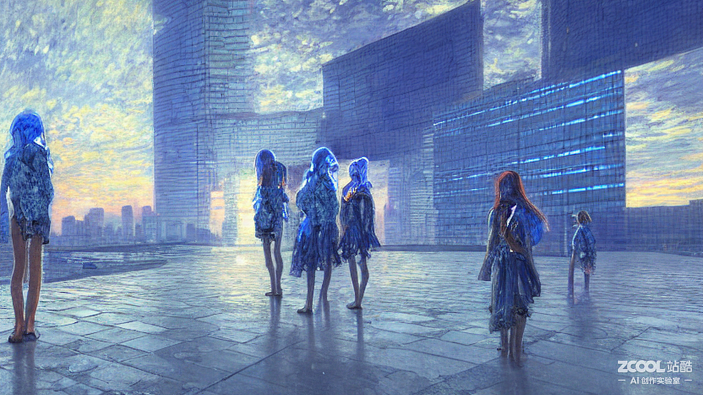 #AI创作实验室#少女站在宇宙银河的蓝色建筑（图ZMzIwNDIwMjEy） - AI作品 - 站酷设计师根根Root原创素材 - 站酷ZCOOL