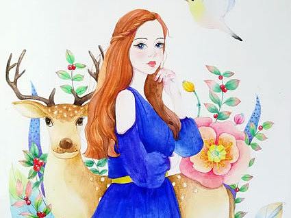 蓝衣少女、鹿和花儿