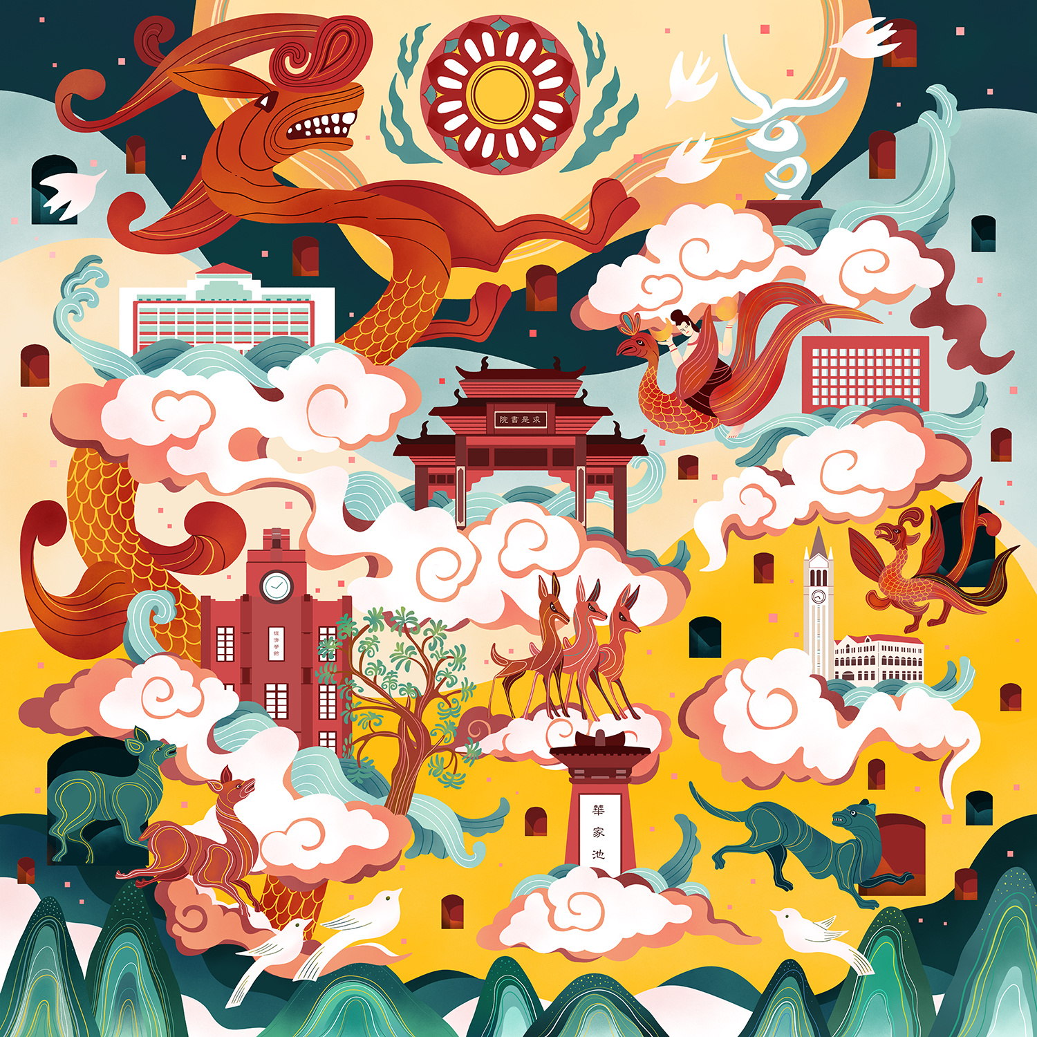 产品插画/浙江大学x云冈石窟 云中永恒丝巾插画