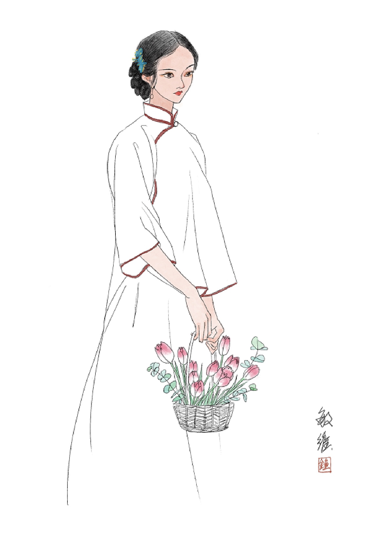 38妇女节民国穿旗袍的清冷女人插画图片-千库网