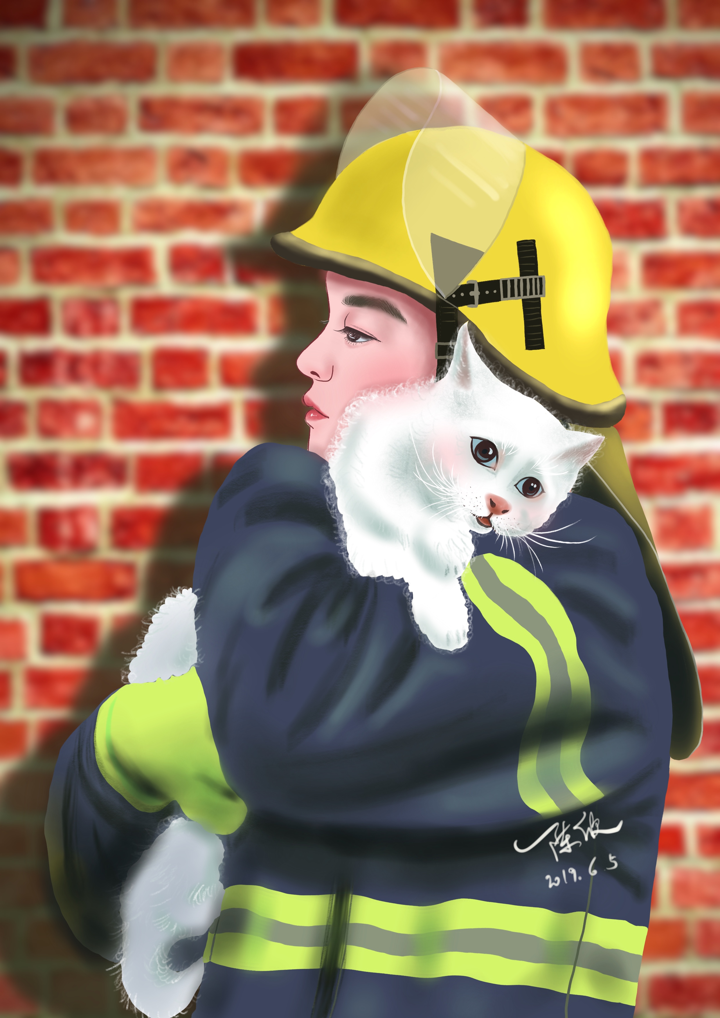 情侣头像消防员和猫图片