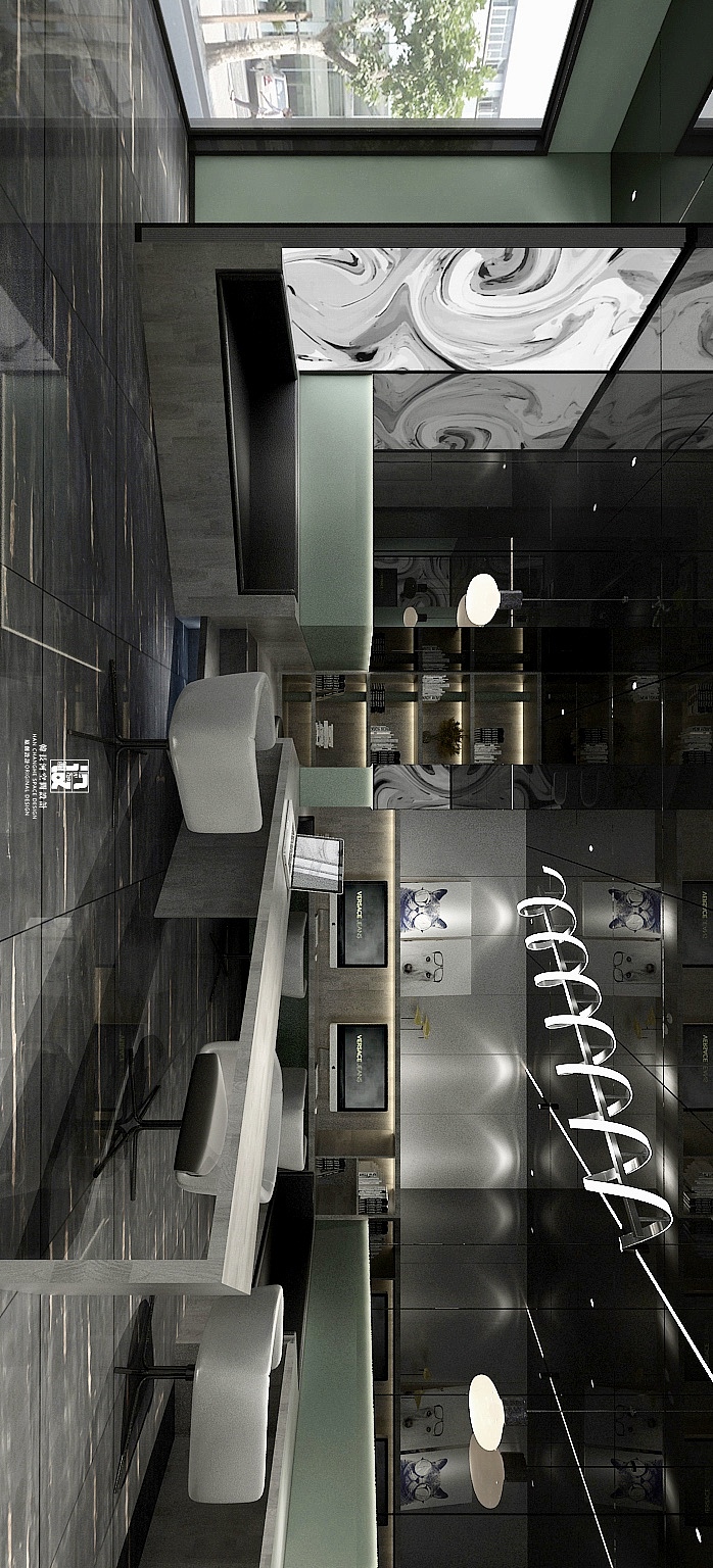 墙面采用抽象水纹光影墙，倒映在大面积镜面顶上。视觉上达到震撼的冲击力，增大空间效果。
