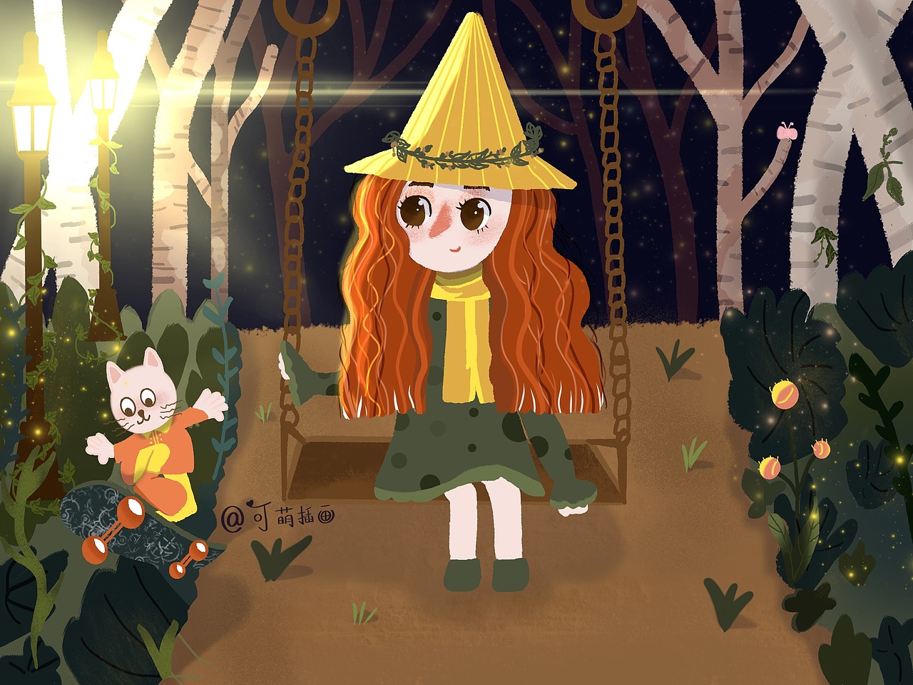 滑板小猫和秋千女孩（图ZMjA3MDgyOTUy） - 儿童插画 - 站酷设计师可萌插画原创素材 - 站酷ZCOOL