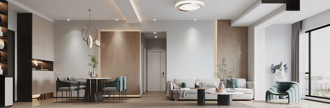 餐厅与客厅位置使用木饰面板材穿插出现,提升氛围感的同时,达到对房屋出现的洞口与过梁进行弱化效果,视觉上更具设计感。