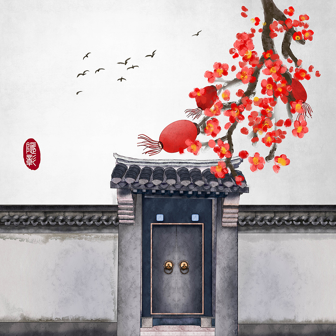 中式门古建筑古门桂花中秋飞鸟古风水墨画古风插画（图ZMjIzNDg3MTgw） - 商业插画 - 站酷设计师隐彰原创素材 - 站酷ZCOOL