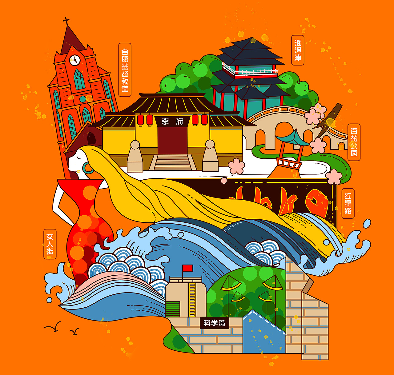 安徽合肥"大湖名城,创新高地"系列城市文化原创插画