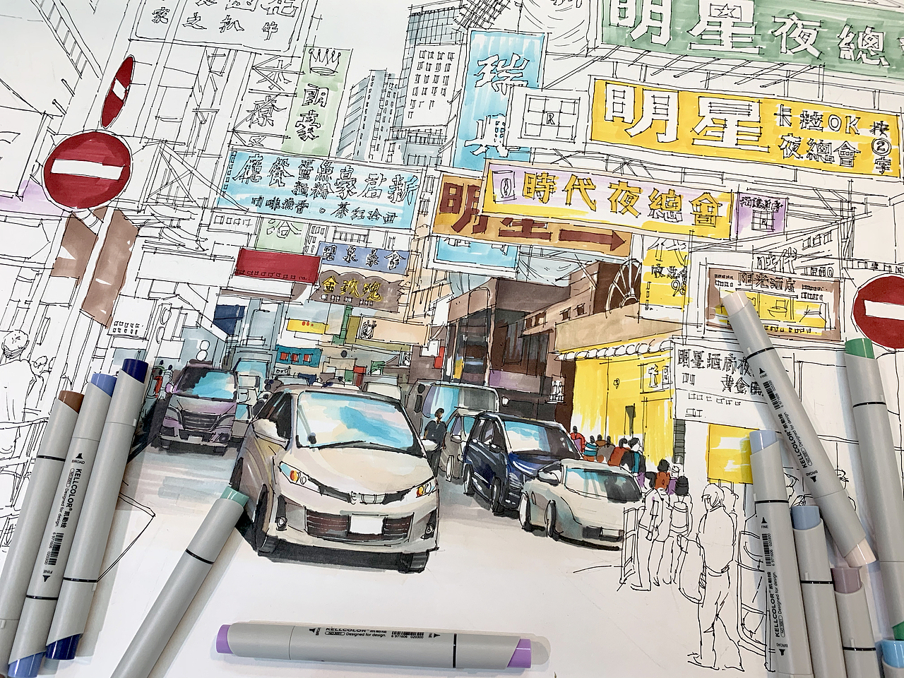 马克笔手绘《香港街景》