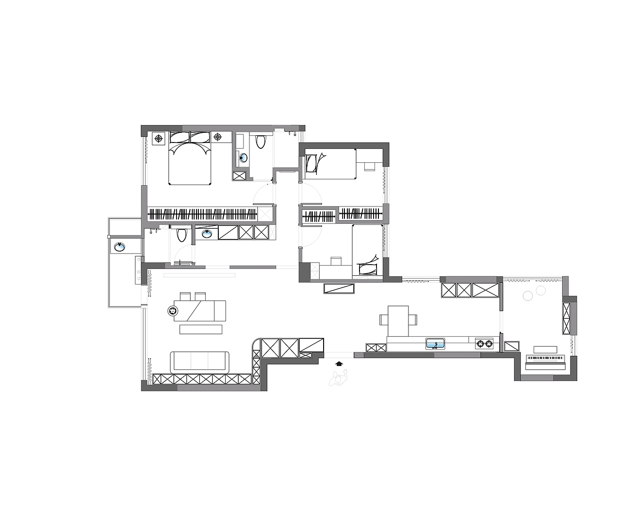 1、玄关软灯膜设计、以及无主灯,无踢脚线设计;
<br>2、客餐厨一体化设计,阳台打造独立洗手台;<br><br>3、拱形门串联零碎空间,家政区功能合并集中;<br><br>4、主卧木格栅柜体与隐形门,满足收纳及功能区的使用;<br><br>5、音乐房设计,满足孩子的日常学习需求。