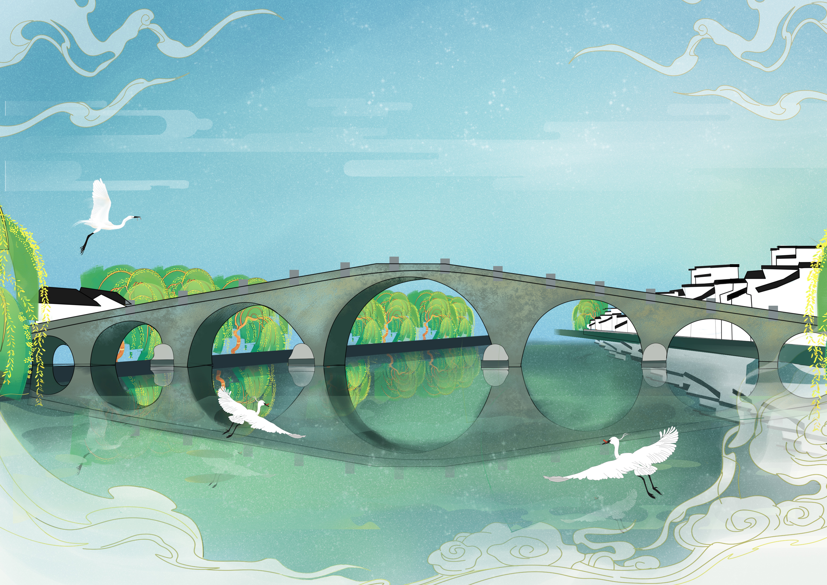 运河十景插画图片