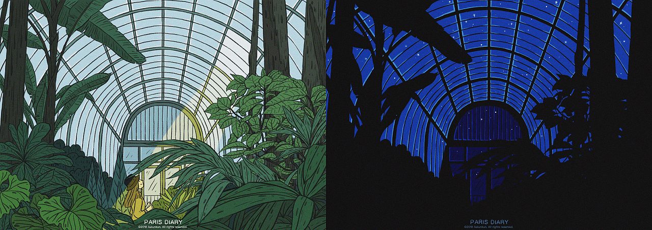 巴黎植物园里有几座大大的玻璃花房。看动画片《怪兽在巴黎》时发现,这个玻璃花房竟然就是制造出“怪兽”跳蚤弗兰卡的实验基地的取景处。黑夜里的植物园,大概就是“弗兰卡”出没的地方了吧。