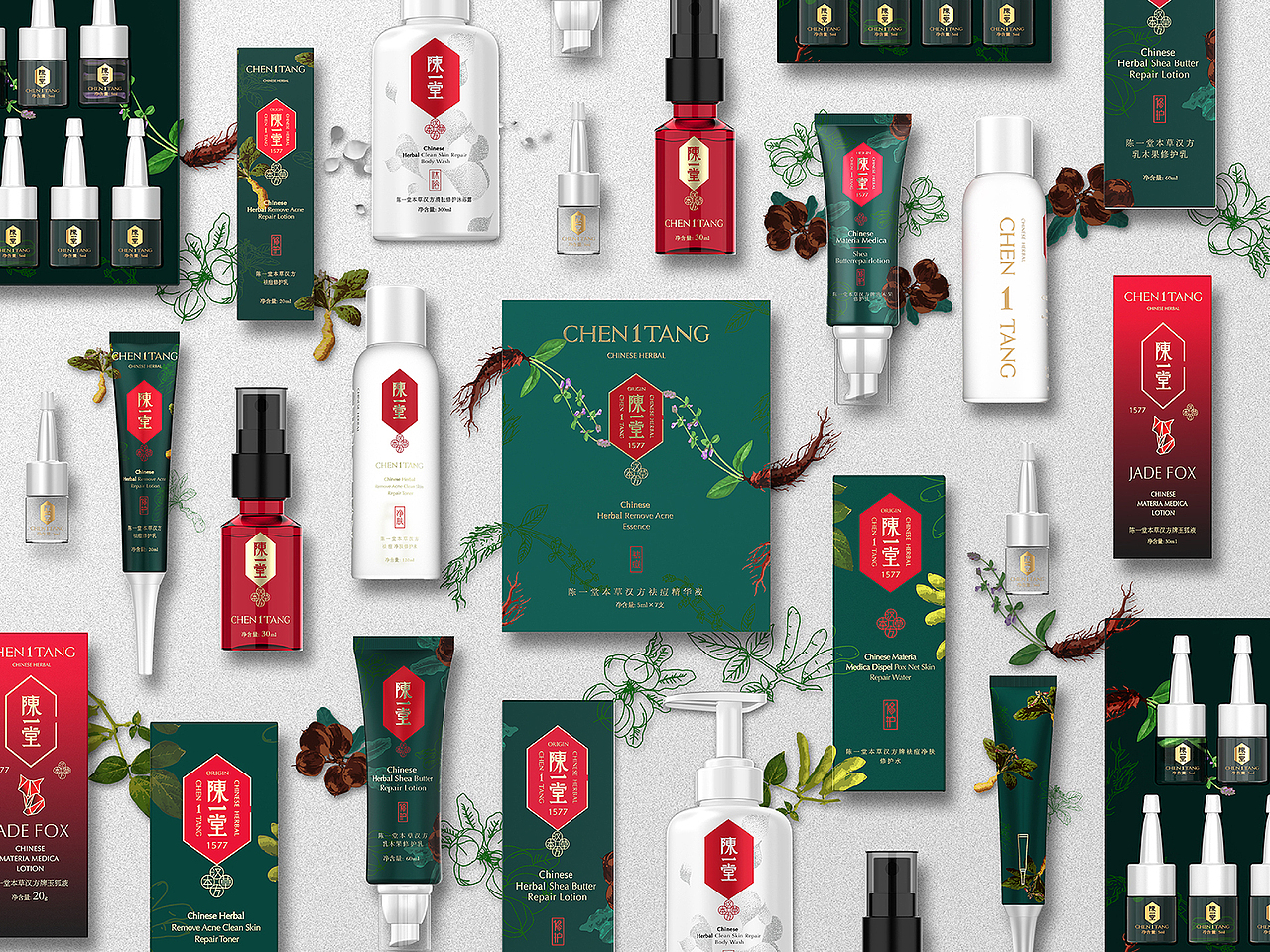 这个品牌的每个产品都会有一个中药的成分,所以我们在设计的时候将每个中药成分都做成一个元素,用两种不同的手法去表现。