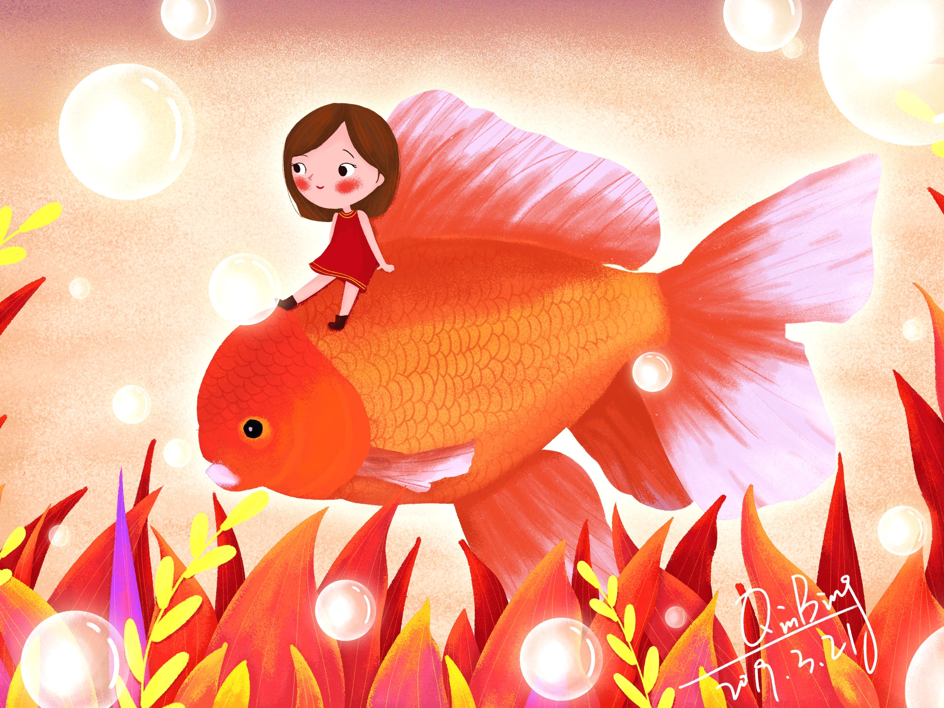 女孩与鱼|插画|商业插画|IronWang - 原创作品 - 站酷 (ZCOOL)