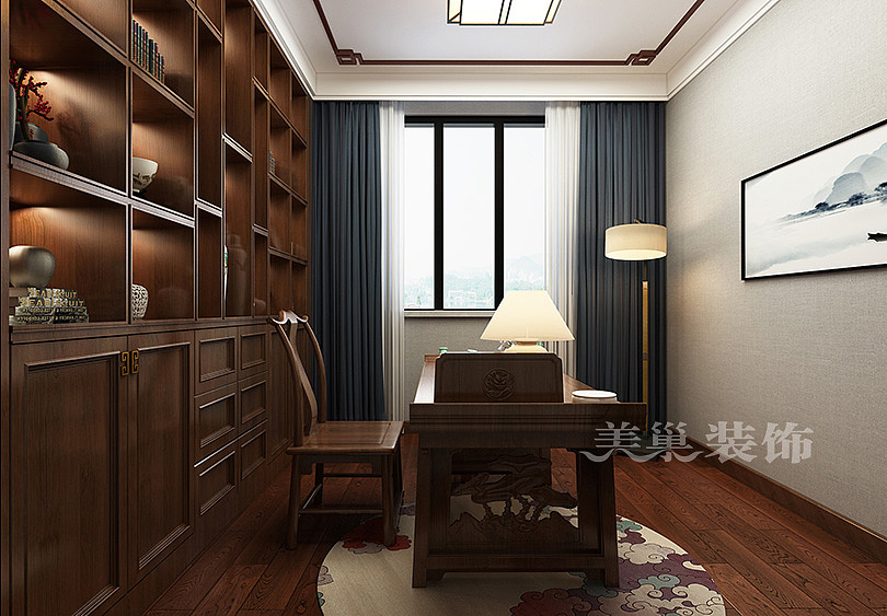 双湖花园190平大平层四居室装修，古典奢华的新中式风---书房
