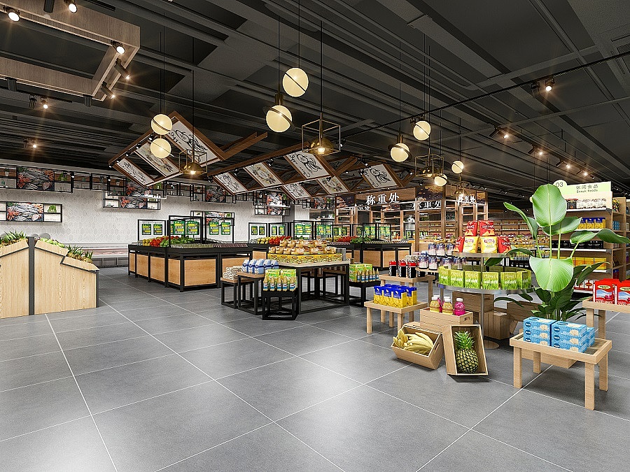 一,【超市吊顶】 br>根据实际情况采用全吊顶或局部吊顶设计,如局部