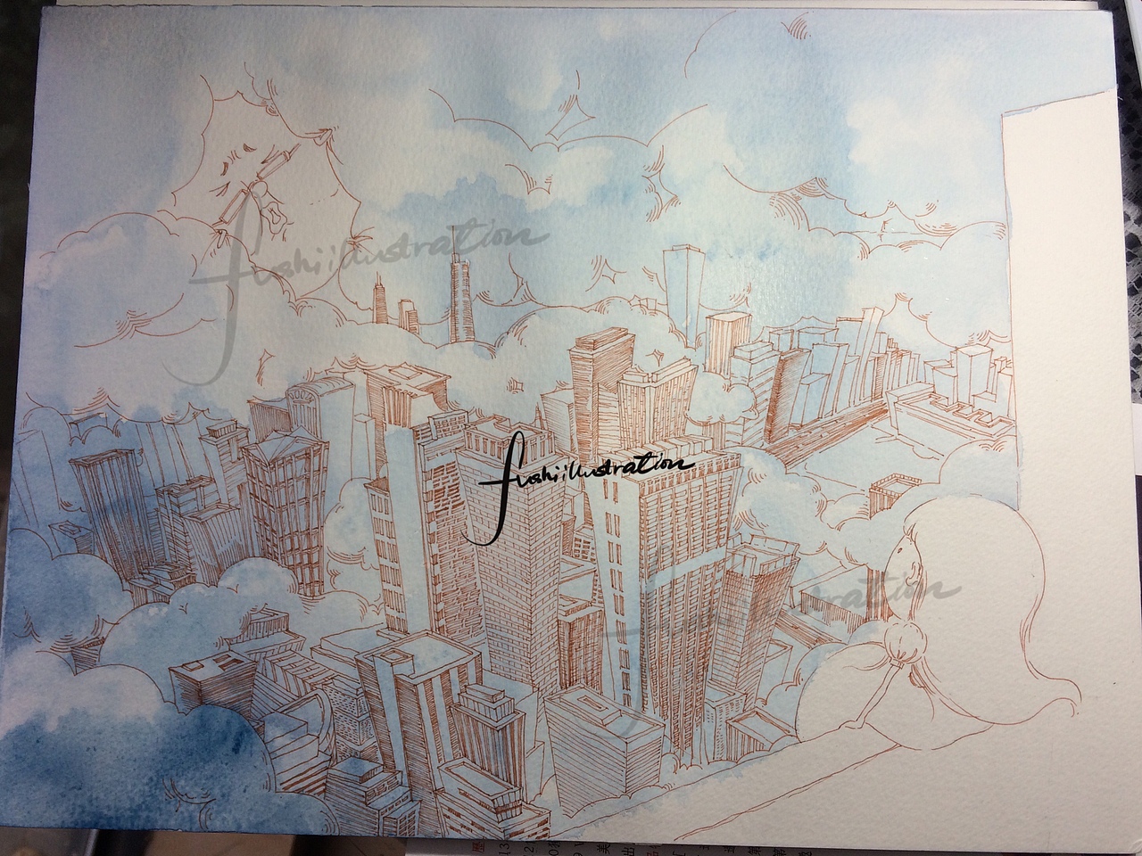 月亮系列——雾霾无法阻挡(水彩作品)小女孩和月亮