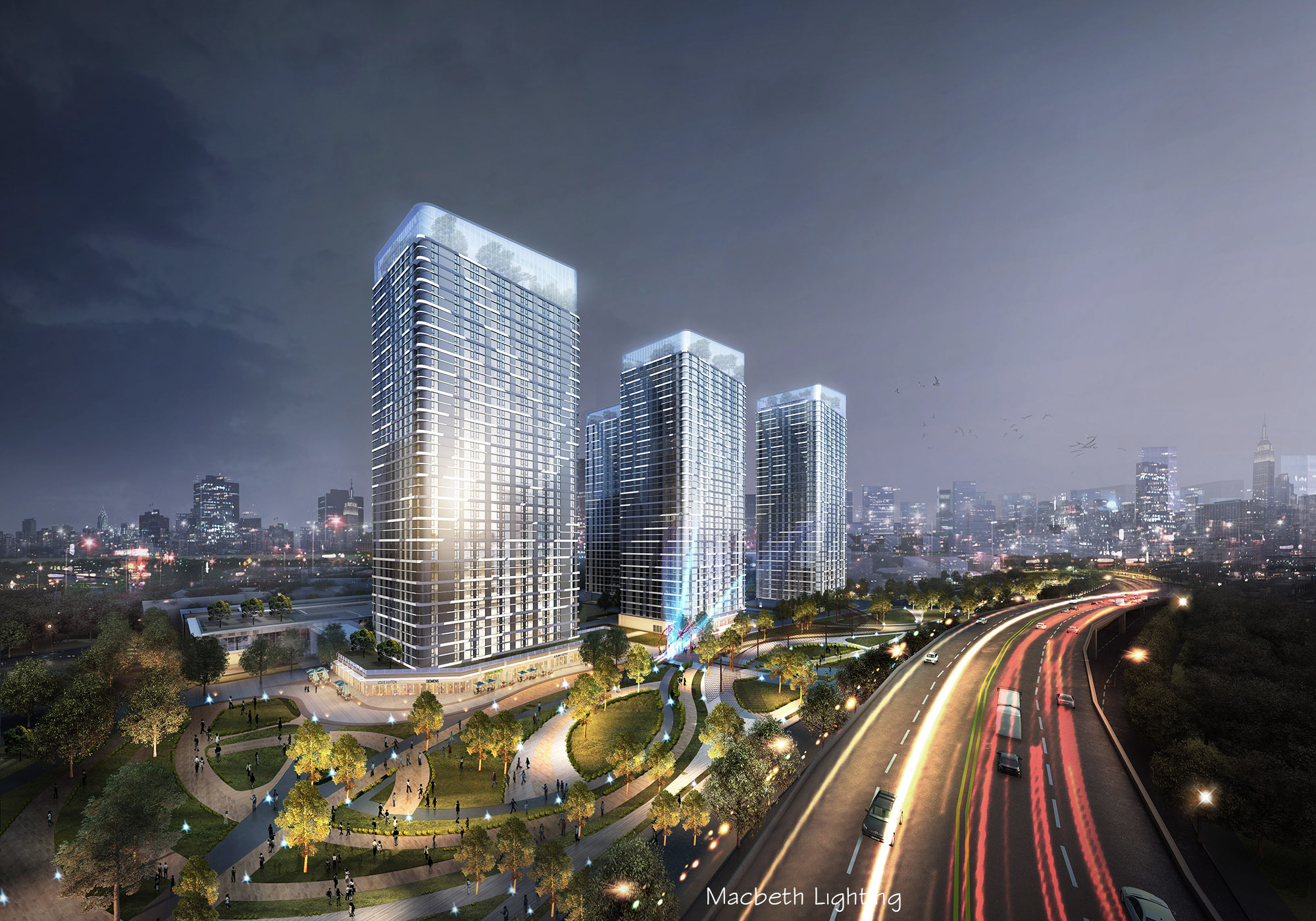 某个立面幕墙像叶子的商业建筑夜景灯光设计