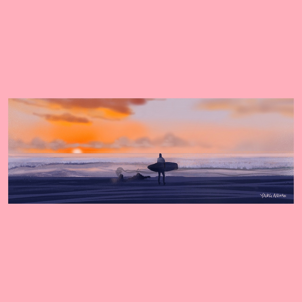 夕阳下的长板人与沙滩