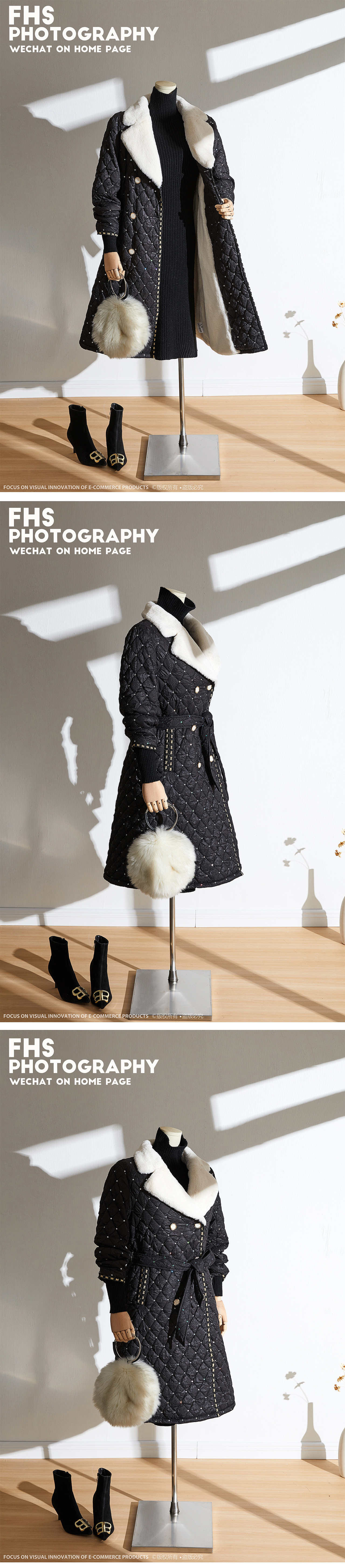 女装羽绒服拍摄 3D假模特摆拍细节图 棉衣平铺挂拍摄影