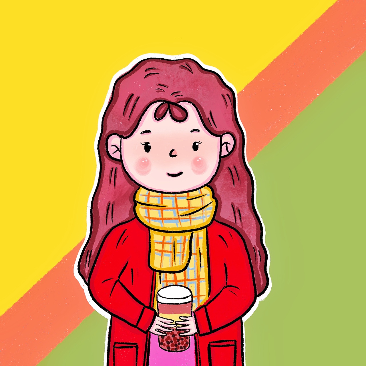 冬天里喝奶茶的女生半身头像